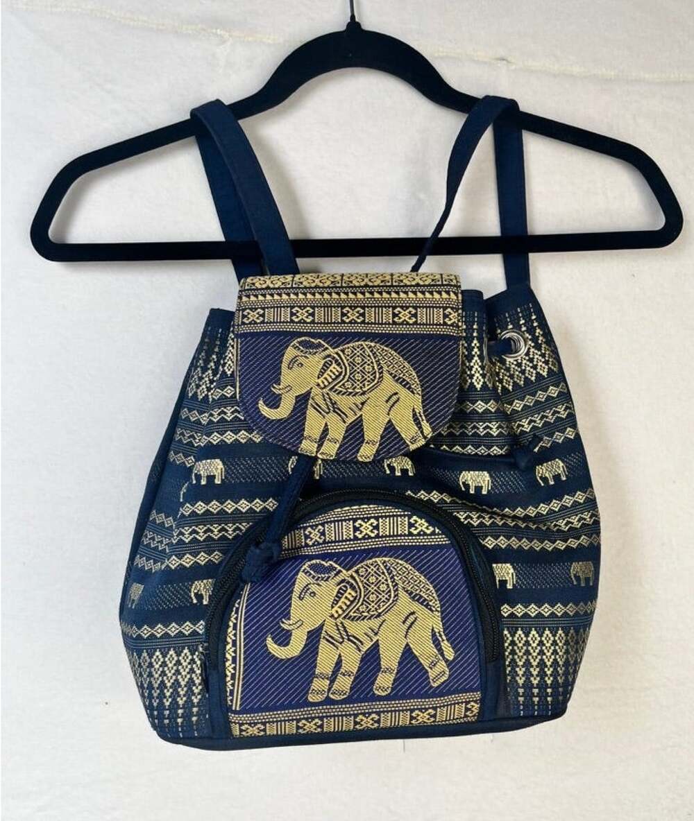 Small Thai Silk Tapestry Elephant Backpack Blue Gold Rucksack Boho